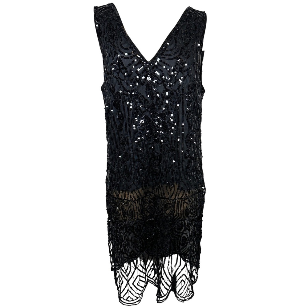 Vintage Style Black Sequin Beaded Flapper Dress‎ Sheer Overlay Art Deco Cocktail